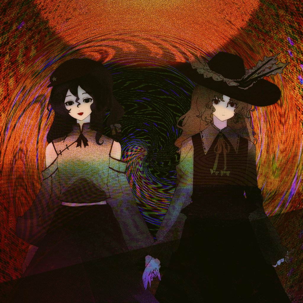 2girls, abstract_background, bangs, black_eyes, black_hair, black_headwear, black_skirt, black_vest, blonde_hair, chinese_commentary, closed_mouth, collared_shirt, commentary_request, cowboy_shot, detached_sleeves, hair_between_eyes, hat, hat_ornament, jacket_girl_(dipp), label_girl_(dipp), long_hair, long_sleeves, looking_at_viewer, multiple_girls, on_(_l0_), red_headwear, shirt, skirt, smile, star_(symbol), star_hat_ornament, swirl, touhou, vest, white_shirt, white_sleeves