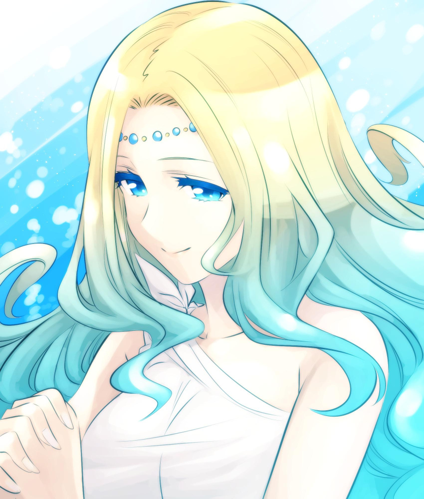 1girl, aqua_hair, blue_eyes, g-spring_goddess_(ishiyumi), gradient_hair, hands_clasped, highres, ishiyumi