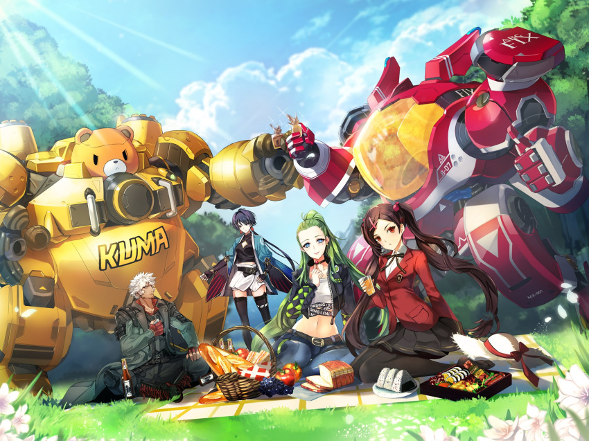 1boy, 3girls, bear, bread, bread_slice, caramel_(smc), cloak, drinking