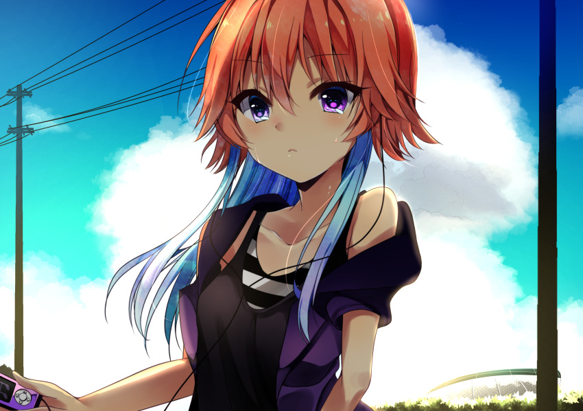 1girl, bangs, black_shirt, blue_hair, blue_sky, closed_mouth, clouds, collarbone, day, earphones, eyebrows_visible_through_hair, frown, hayami_rokushichi, highres, holding, idolmaster, idolmaster_cinderella_girls, jacket, long_hair, multicolored_hair, ninomiya_asuka, open_clothes, open_jacket, orange_hair, outdoors, purple_jacket, shiny, shiny_hair, shirt, short_sleeves, sky, solo, sweatdrop, two-tone_hair, upper_body, violet_eyes