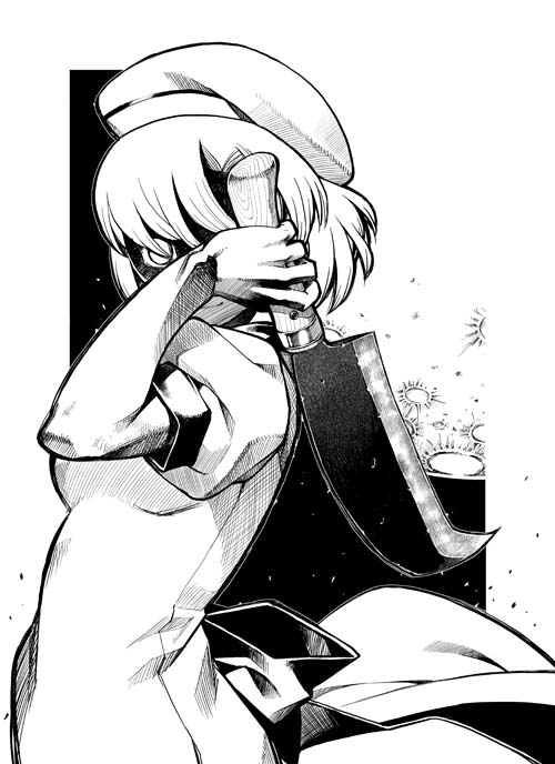 billhook, cleaver, crazy, hamada_yoshikadu, hamada_yoshikazu, higurashi_no_naku_koro_ni, monochrome, moon, ryuuguu_rena, short_hair, solo