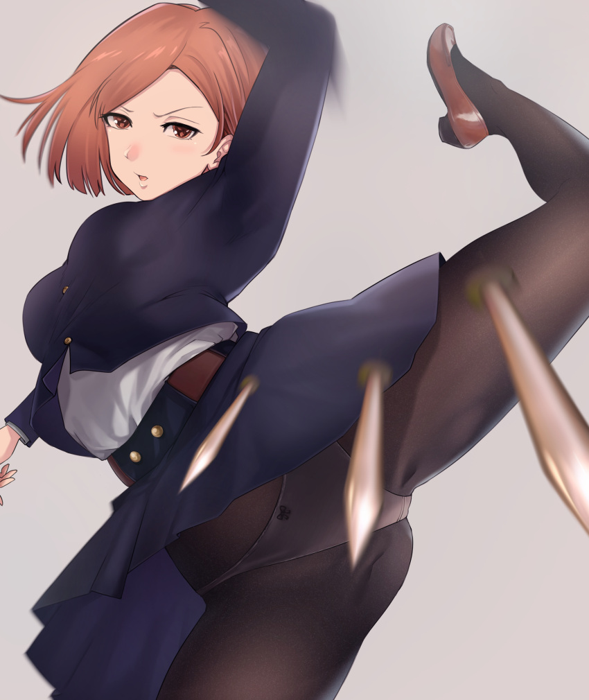 1girl, absurdres, bangs, black_jacket, black_legwear, black_skirt, brown_eyes, brown_footwear
