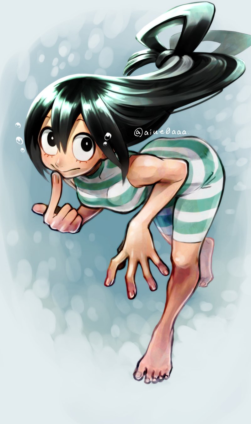 1girl, :>, aiue0, asui_tsuyu, bent_over, blush, blush_stickers, boku_no_hero_academia