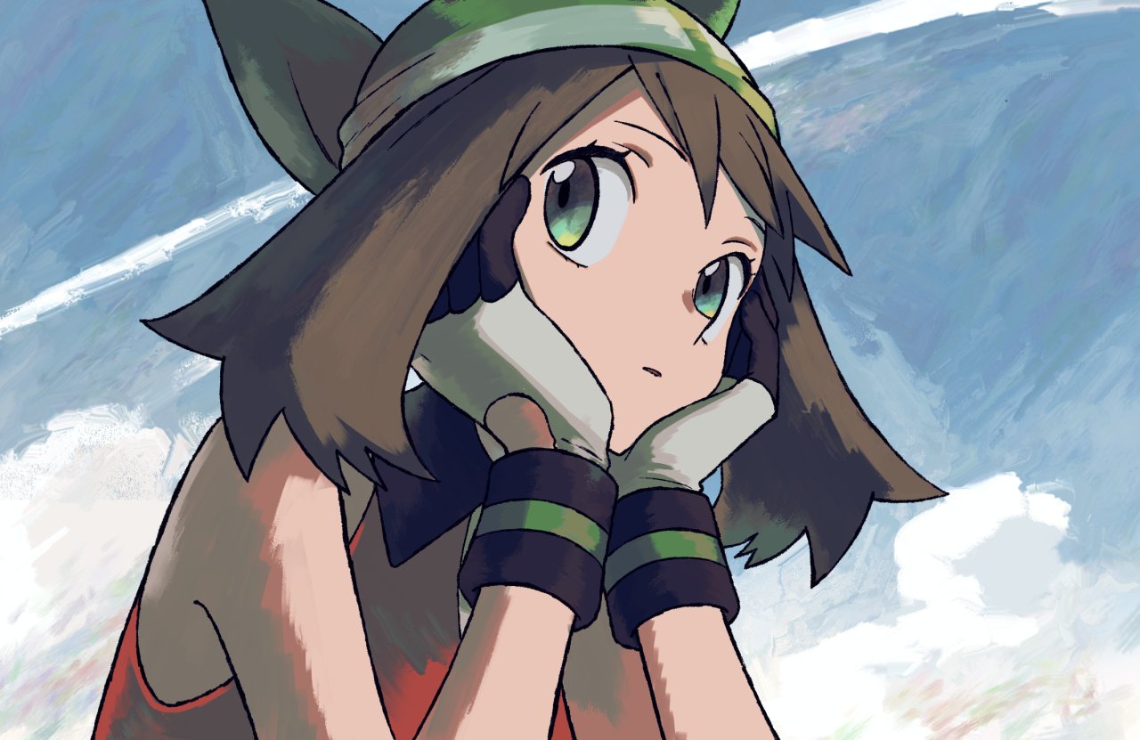 1girl, bangs, brown_hair, eyelashes, gloves, green_bandana, green_eyes, hands_up, head_rest, ittumozzz, may_(pokemon), parted_lips, pokemon, pokemon_(game), pokemon_emerald, pokemon_rse, sideways_glance, sleeveless, solo, symbol_commentary, upper_body