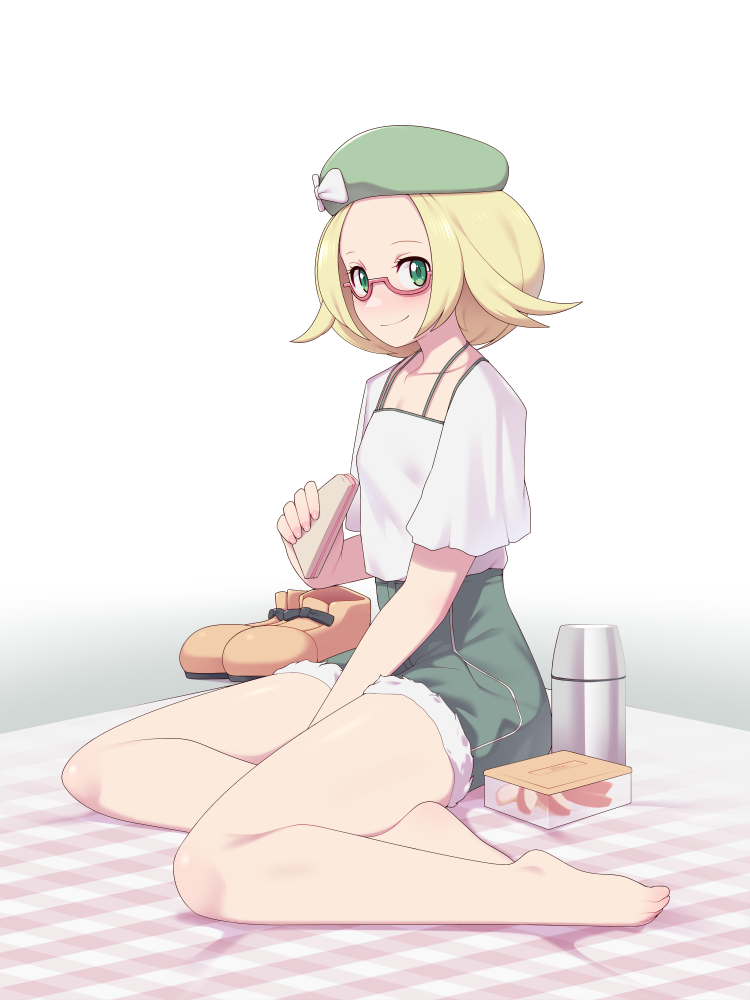 1girl, apple_slice, barefoot, bianca_(pokemon), blonde_hair, blush, box, closed_mouth