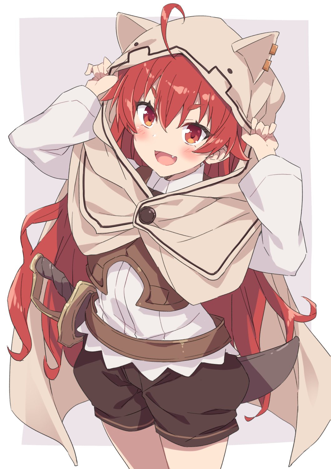 1girl, ahoge, akizora_momiji, bangs, blush, border, brown_shorts, censored