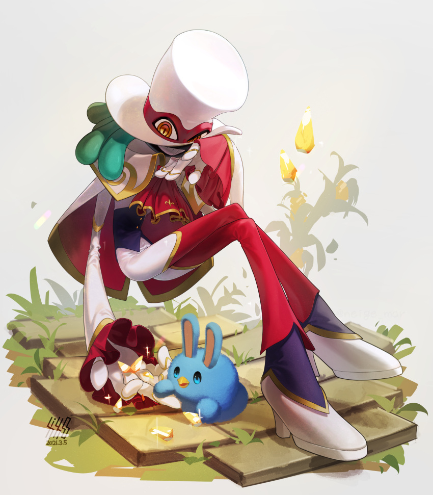 1boy, animal_ears, aqua_hair, balan_(balan_wonderworld), balan_wonderworld, beak, brown_eyes, crossed_legs