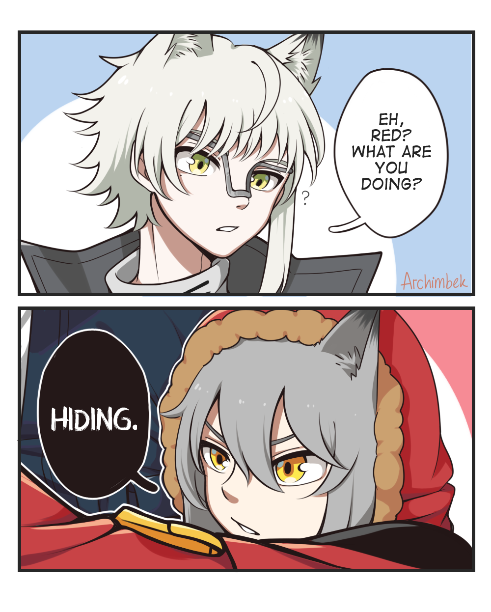 1boy, 1girl, ?, animal_ears, aosta_(arknights), archimbek, arknights, artist_name