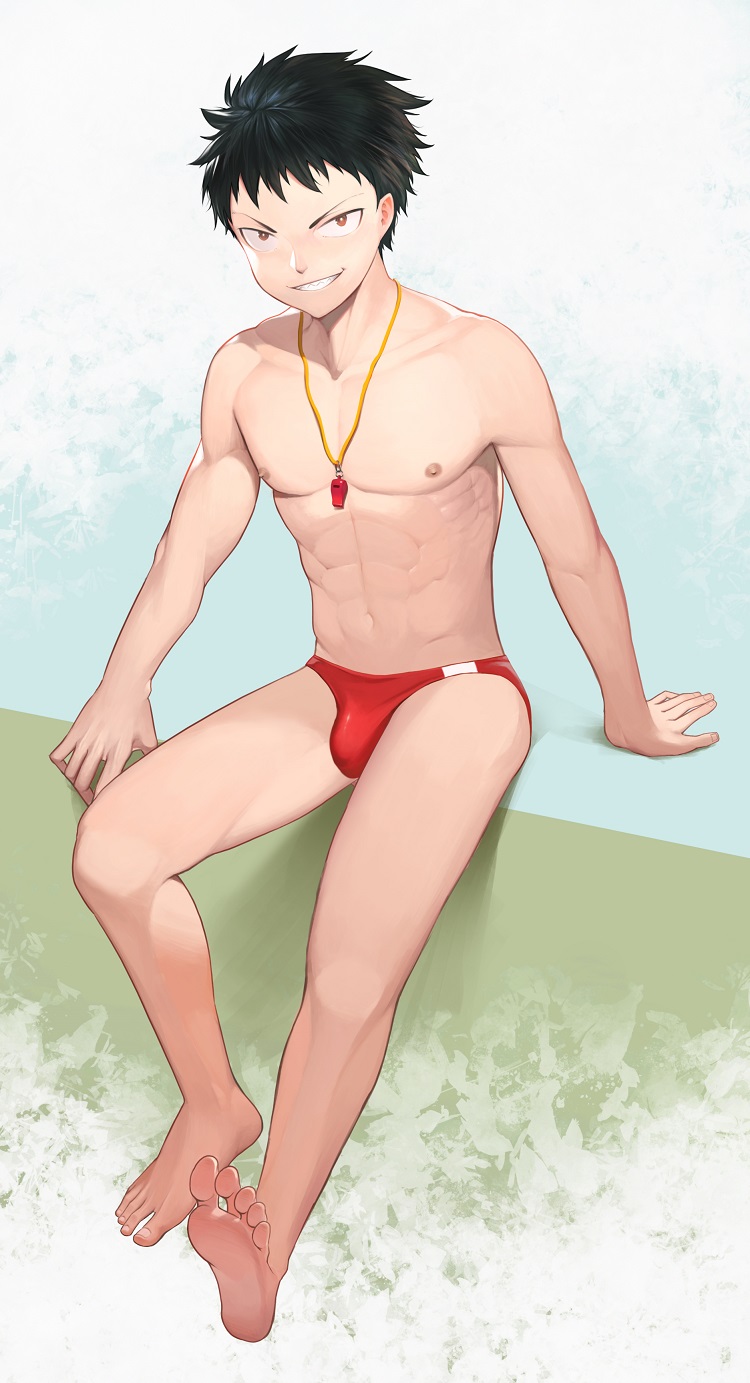 1boy, abcdaniel, abs, arm_support, bangs, barefoot, black_hair, brown_eyes, bulge, collarbone, en'en_no_shouboutai, feet, grin, highres, lanyard, looking_at_viewer, male_focus, male_swimwear, navel, nipples, pectorals, red_male_swimwear, sanpaku, sharp_teeth, shinra_kusakabe, short_hair, sitting, smile, soles, solo, spiky_hair, swim_briefs, teeth, toned, toned_male, whistle, whistle_around_neck