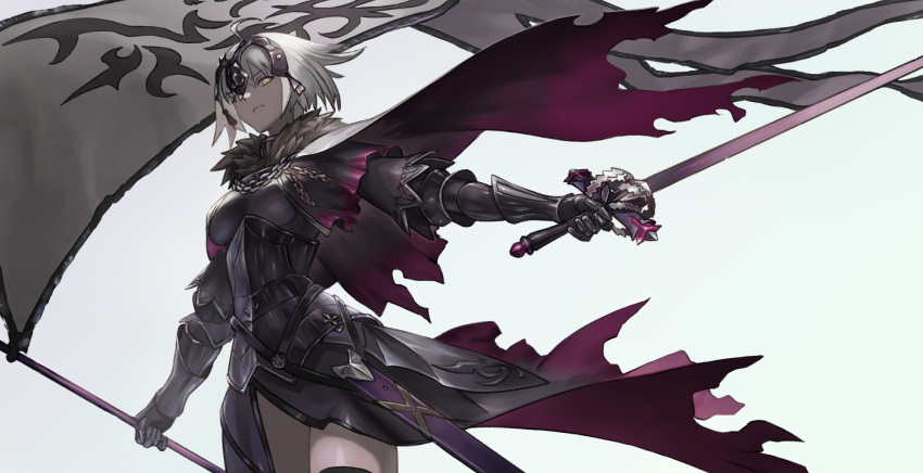 1girl, ahoge, armor, armored_dress, bangs, banner, black_legwear, breasts