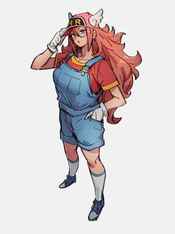 1girl, android_21, blue_eyes, blue_footwear, cosplay, dr._slump, dragon_ball, dragon_ball_fighterz