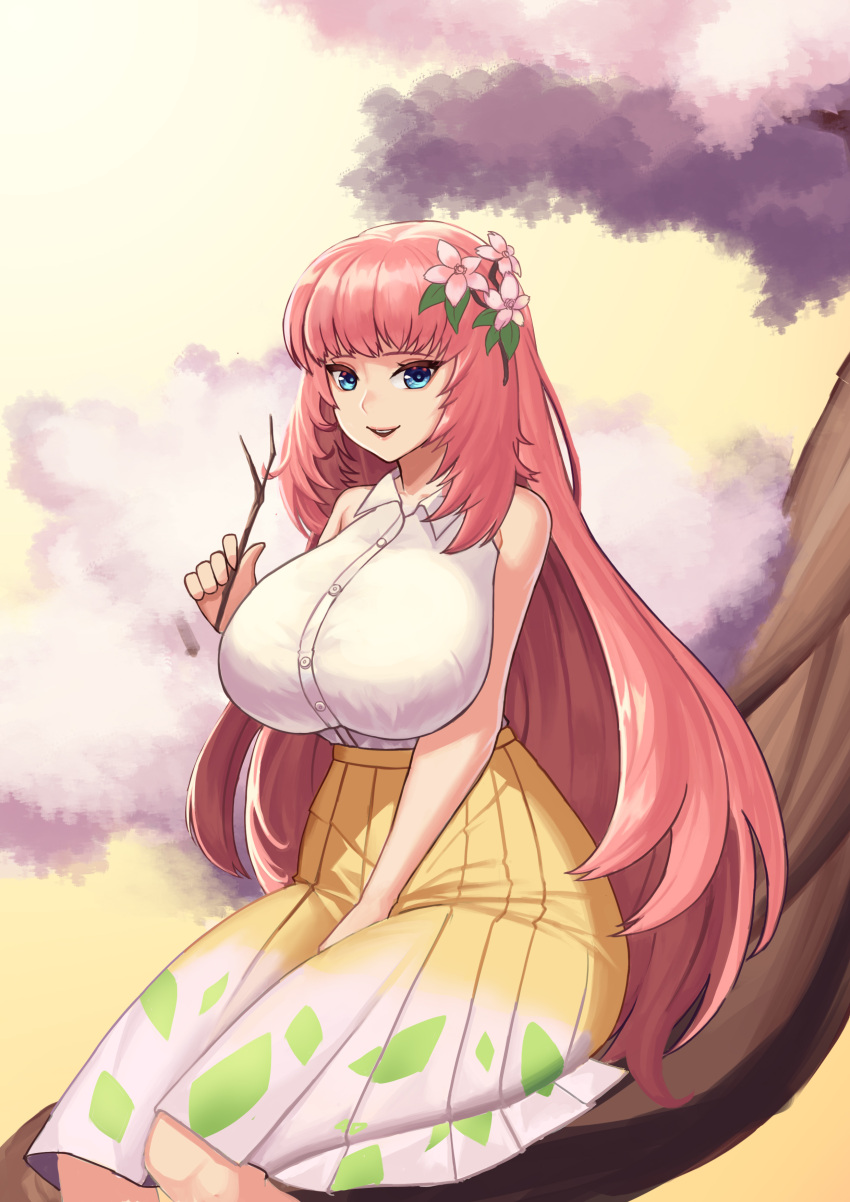 1girl, absurdres, bangs, between_legs, blue_eyes, branch, breasts, character_request, cherry_blossoms, collared_shirt, dungeon_and_fighter, flower, gradient_clothes, gradient_skirt, hair_flower, hair_ornament, hand_between_legs, highres, hiroshi_(beolcoyote), holding, large_breasts, long_hair, looking_at_viewer, open_mouth, pink_hair, pink_lips, shirt, sitting, skirt, sleeveless, sleeveless_shirt, smile, solo, tree, very_long_hair, white_shirt, yellow_skirt