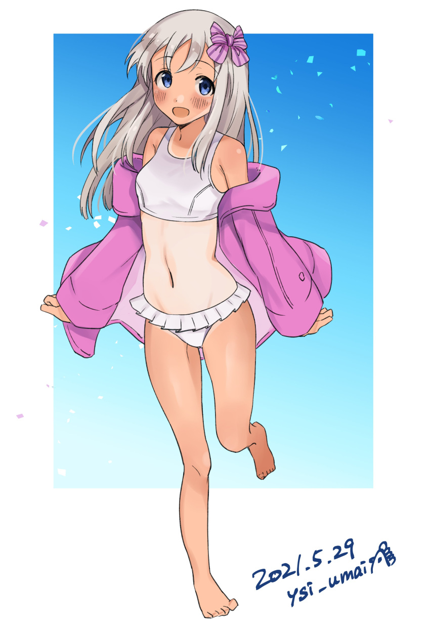 1girl, absurdres, barefoot, bikini, blonde_hair, blue_eyes, bow, commentary_request, dated, full_body, gradient, gradient_background, hair_bow, highres, jacket, kantai_collection, long_hair, looking_at_viewer, navel, one-piece_tan, pink_jacket, ro-500_(kancolle), running, smile, solo, swimsuit, tan, tanline, toriniku_senshi_chikinman, twitter_username, white_bikini