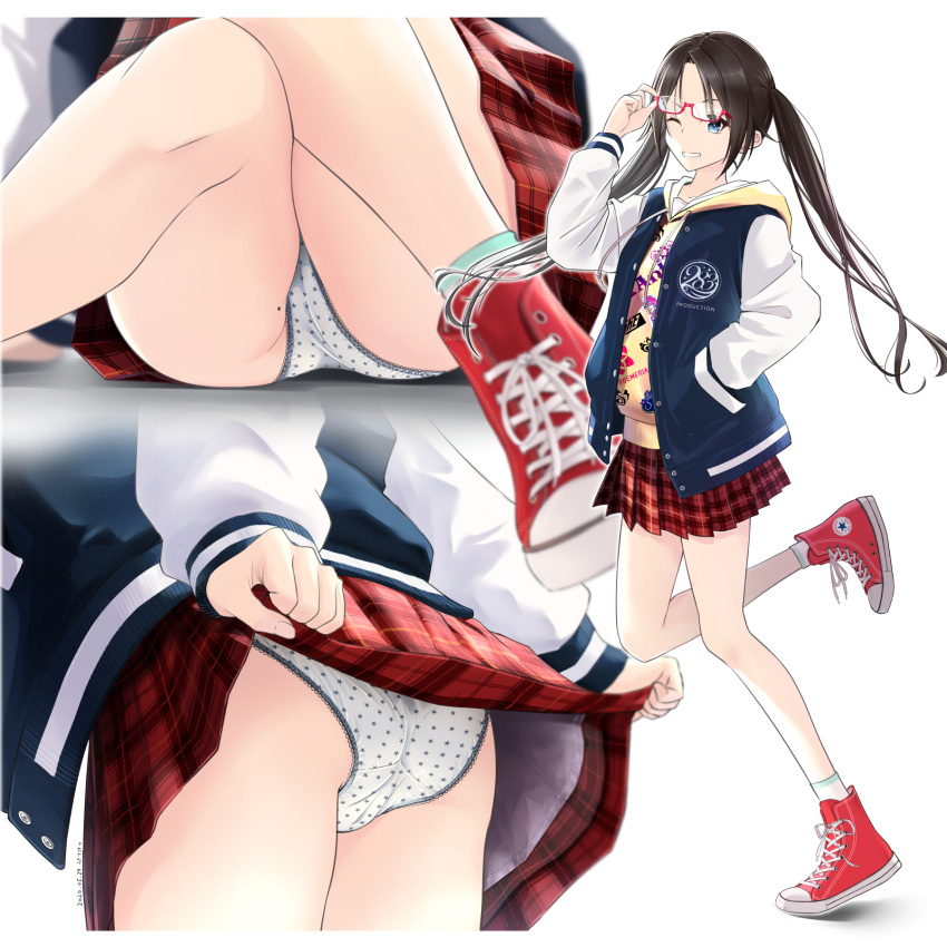 1girl, ;d, ankle_boots, ass, bare_legs, blue_eyes, blue_jacket, blush