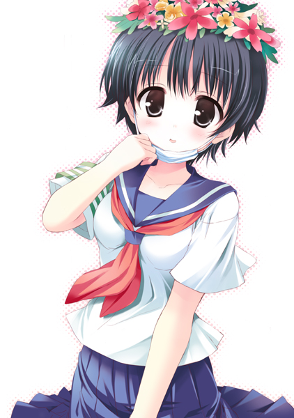 black_hair, brown_eyes, flower, hair_flower, hair_ornament, head_wreath, kanna_ryouto, mask