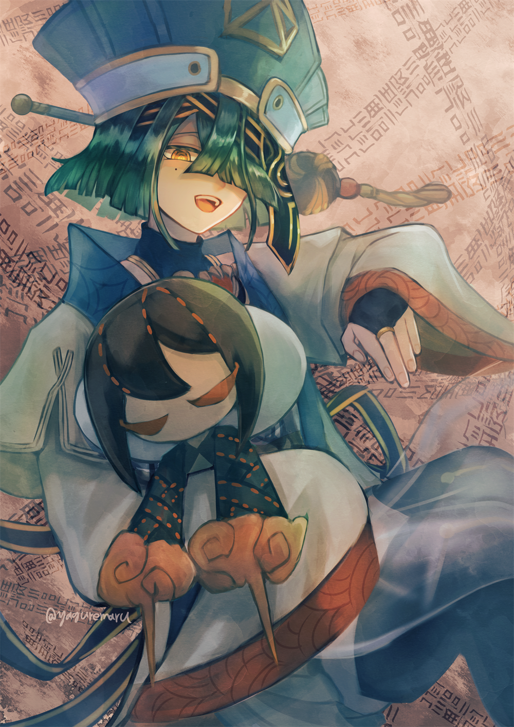 1girl, bangs, black_hair, blue_headwear, blush, breasts, bridal_gauntlets, brown_eyes