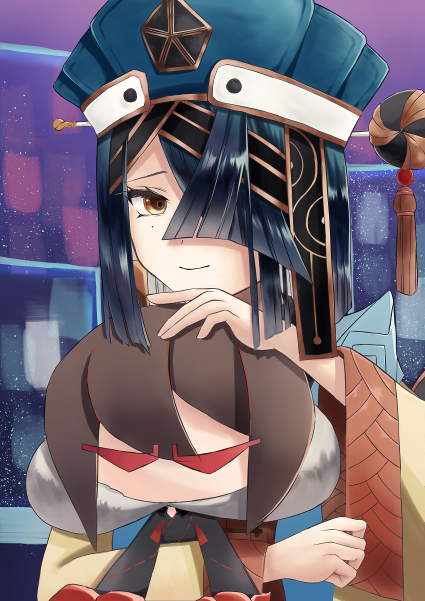 1girl, absurdres, bangs, black_hair, blue_headwear, breasts, brown_eyes, chinese_clothes, closed_mouth, daachan, doll, fate/grand_order, fate_(series), hair_ornament, hair_over_one_eye, hairpin, hat, highres, holding, holding_doll, long_sleeves, looking_at_viewer, mole, mole_under_eye, short_hair, small_breasts, solo, wide_sleeves, xu_fu_(fate), yu_mei-ren_(fate)