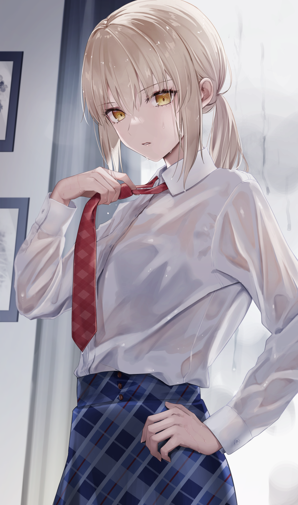 1girl, artoria_pendragon_(all), blonde_hair, blue_skirt, collared_shirt, curtains, fate/grand_order, fate_(series)