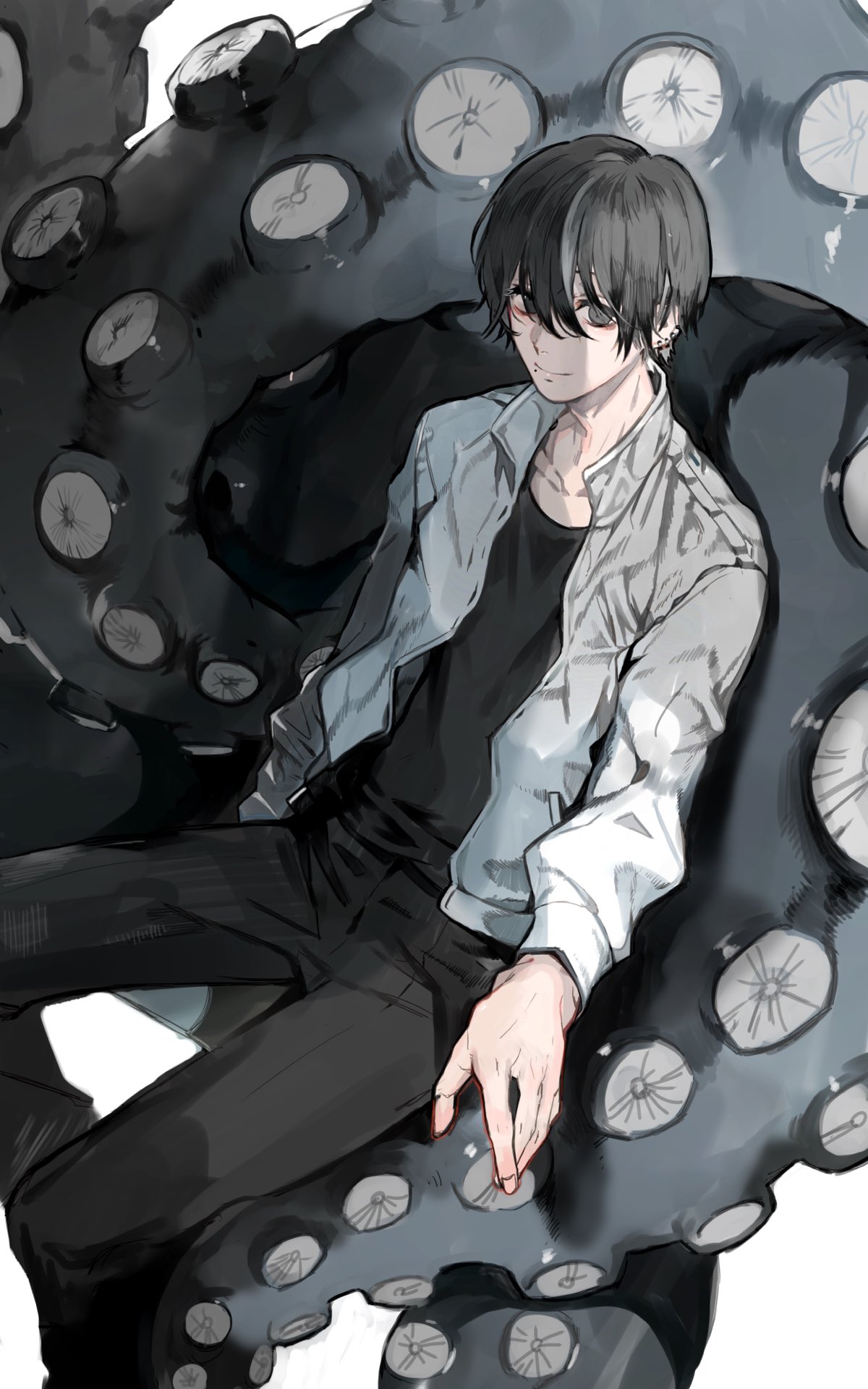 1boy, bibibotan, black_eyes, black_hair, black_pants, black_shirt, chainsaw_man, closed_mouth, collarbone, commentary, ear_piercing, feet_out_of_frame, highres, jacket, long_sleeves, looking_at_viewer, male_focus, mole, mole_under_mouth, pants, piercing, shirt, short_hair, sitting, smile, solo, suction_cups, tentacles, white_background, white_jacket, yoshida_hirofumi