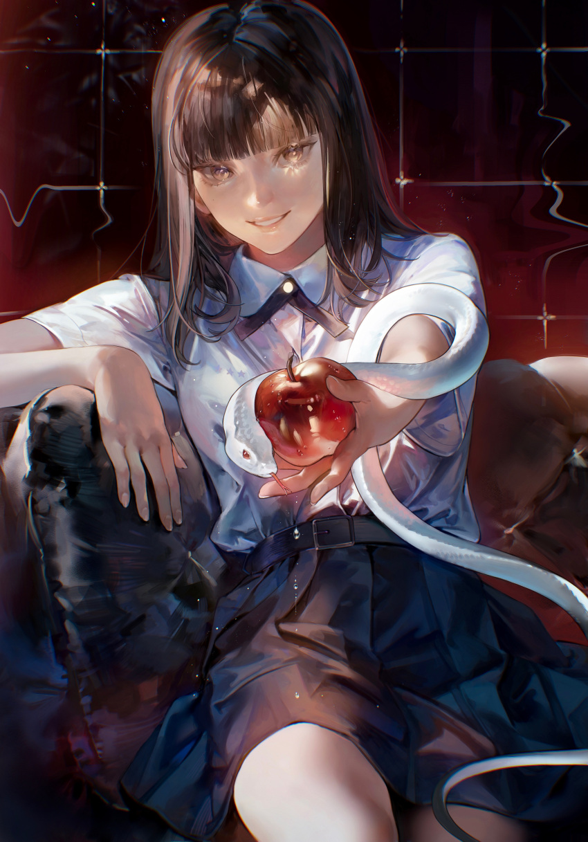 1girl, absurdres, animal, animal_on_arm, apple, bangs, belt, black_belt, black_neckwear, black_ribbon, black_skirt, blunt_bangs, brown_eyes, brown_hair, buckle, chromatic_aberration, collared_shirt, couch, cowboy_shot, cushion, dress_shirt, evil_grin, evil_smile, eyelashes, fingernails, food, foreshortening, fruit, girl_from_nowhere, grin, hands_up, high-waist_skirt, highres, holding, holding_food, holding_fruit, indoors, light_particles, long_hair, looking_at_viewer, miniskirt, mole, mole_on_cheek, nanno_(girl_from_nowhere), neck_ribbon, on_couch, outstretched_arm, pleated_skirt, red_apple, ribbon, school_uniform, shiny, shiny_hair, shirt, shirt_tucked_in, short_sleeves, sidelocks, sitting, skirt, smile, snake, solo, suzumi_(ccroquette), water_drop, white_shirt, white_snake