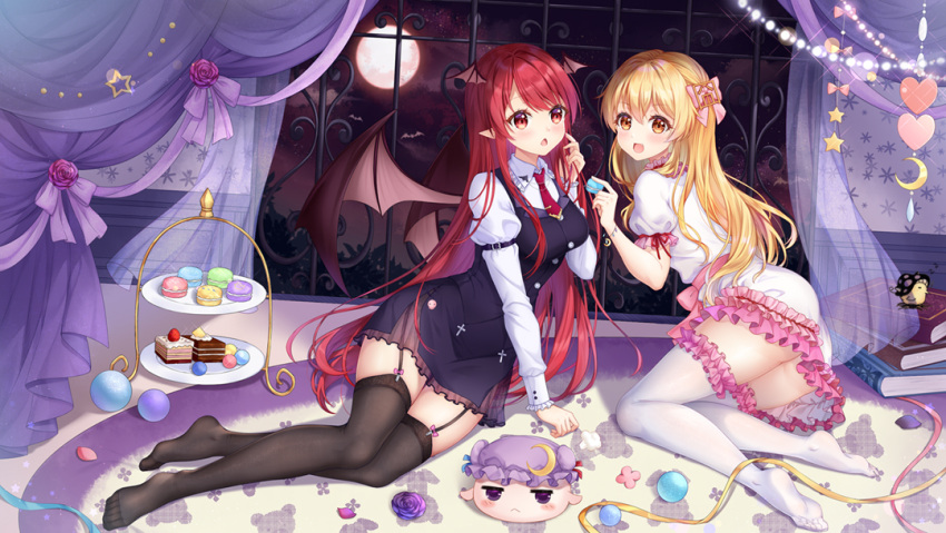 2girls, ass, black_legwear, black_skirt, black_vest, black_wings, blonde_hair, book