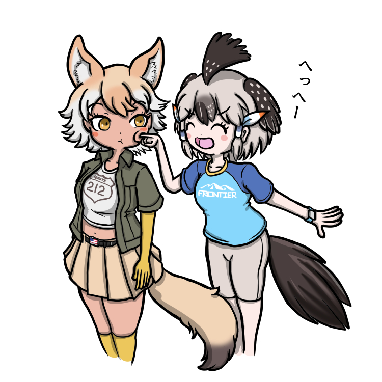 2girls, :t, ^_^, animal_ear_fluff, animal_ears, aomushi_taro, arms_at_sides, bangs, belt, bike_shorts, bird_tail, bird_wings, black_hair, blush_stickers, brown_hair, cheek_poking, closed_eyes, closed_mouth, collarbone, collared_shirt, coyote_(kemono_friends), coyote_ears, coyote_tail, cropped_legs, elbow_gloves, eyebrows_visible_through_hair, facing_another, gloves, grey_hair, hair_tubes, hand_up, head_wings, kemono_friends, looking_at_another, medium_hair, midriff, miniskirt, multicolored_hair, multiple_girls, navel, open_clothes, open_mouth, open_shirt, outstretched_arm, outstretched_hand, pale_skin, pleated_skirt, poking, shirt, short_sleeves, sidelocks, simple_background, skirt, smile, standing, stomach, t-shirt, tail, tan, two-tone_hair, undershirt, white_background, white_hair, wing_collar, wings, yellow_eyes, |d