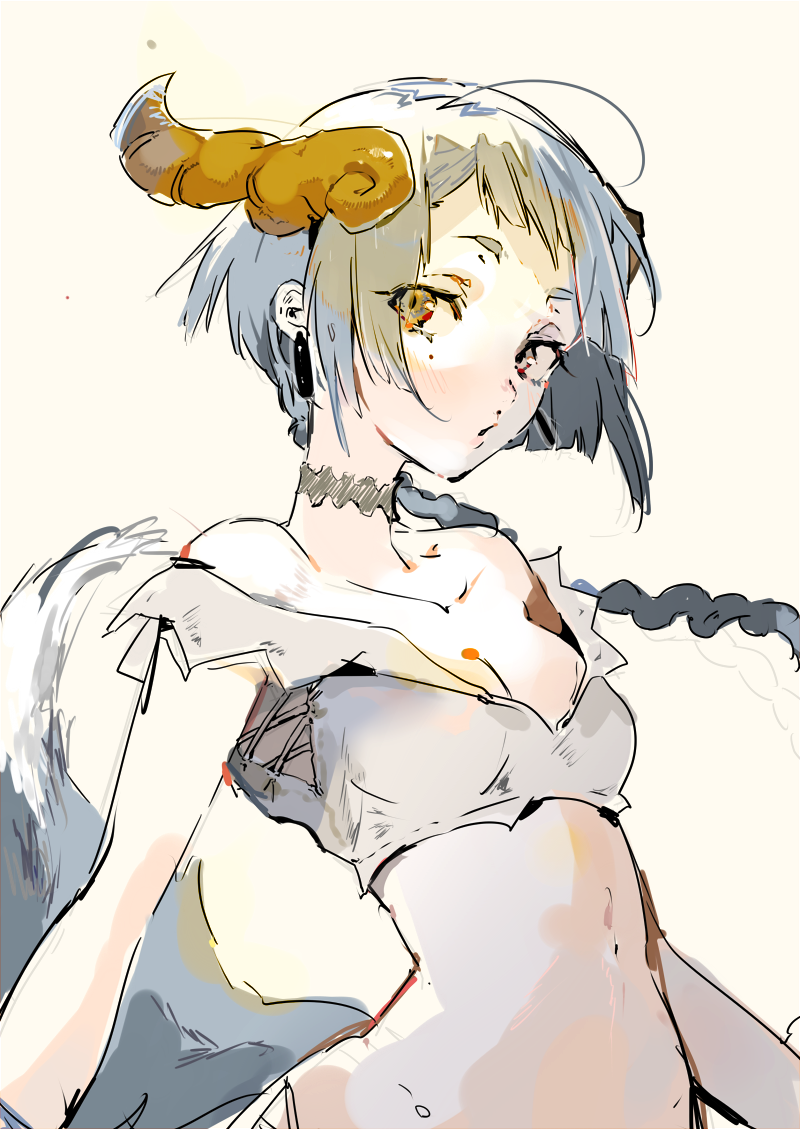 1girl, ahoge, beige_background, bibibotan, blue_hair, braid, breasts, choker