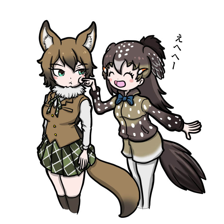 2girls, :t, ^_^, alternate_design, animal_ears, aomushi_taro, arms_at_sides, bird_tail, bird_wings, blush_stickers, bow, bowtie, breast_pocket, brown_hair, cheek_poking, closed_eyes, closed_mouth, coyote_(kemono_friends), coyote_ears, coyote_tail, cropped_legs, eyebrows_visible_through_hair, facing_another, greater_roadrunner_(kemono_friends), green_eyes, hair_between_eyes, hair_ornament, hairclip, hand_up, head_wings, kemono_friends, legwear_under_shorts, long_hair, long_sleeves, looking_at_another, medium_hair, multicolored_hair, multiple_girls, neck_ribbon, open_mouth, outstretched_arm, outstretched_hand, pantyhose, pleated_skirt, pocket, poking, ribbon, shirt, shorts, simple_background, skirt, smile, standing, tail, two-tone_hair, vest, white_background, wings, |d