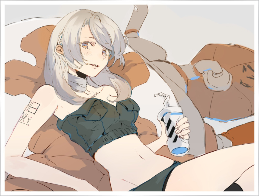 1girl, arm_tattoo, bandeau, bare_arms, bibibotan, breasts, choker, commentary_request