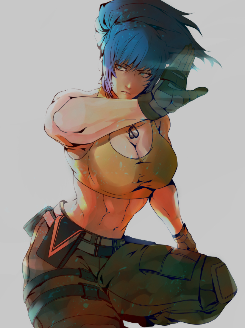 1girl, abs, ammunition_pouch, armlet, bare_shoulders, belt, blue_eyes, blue_hair, breasts, camouflage, camouflage_pants, dog_tags, earrings, eyes, gloves, jewelry, large_breasts, leona_heidern, midriff, military, military_uniform, mojyavoltage6, muscular, muscular_female, pants, ponytail, pouch, sleeveless, solo, squatting, tank_top, the_king_of_fighters, the_king_of_fighters_xiv, the_king_of_fighters_xv, triangle_earrings, uniform, yellow_tank_top