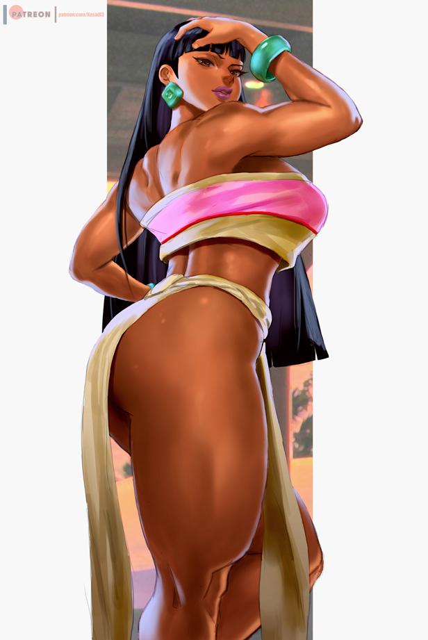 1girl, ass, bangs, bare_shoulders, black_hair, blunt_bangs, bracelet, breasts