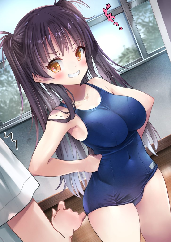 1girl, 1other, ^^^, black_hair, blue_swimsuit, breasts, brown_eyes, commentary_request