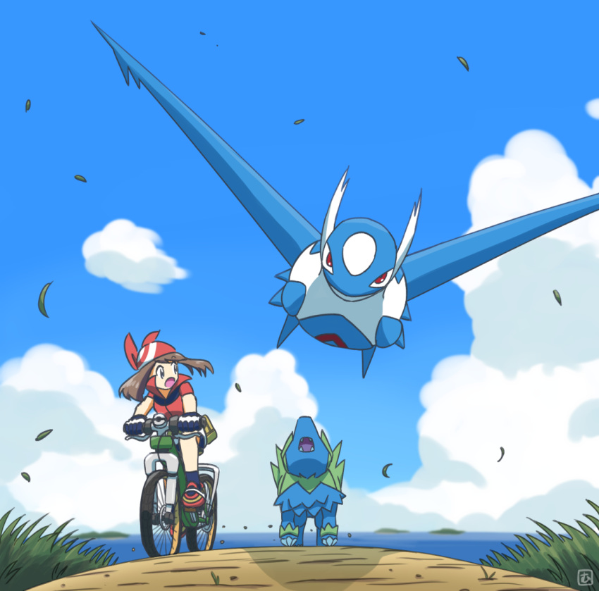 1girl, bicycle, brown_hair, clouds, collared_shirt, commentary_request, day, from_below
