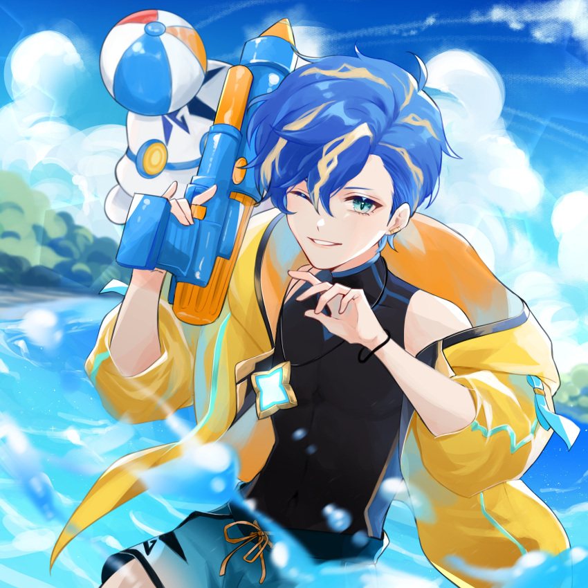 1boy, absurdres, aqua_eyes, astel_leda, black_shirt, blonde_hair, blue_hair, blue_sky