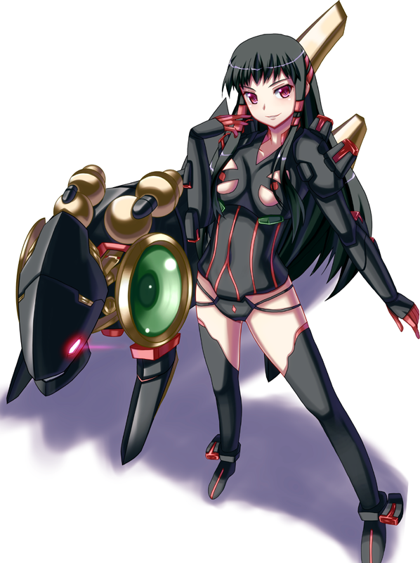 ar_tonelico, ar_tonelico_ii, black_hair, black_legwear, bodysuit, boots, elma-dsrx, flat_chest, gust, hair_ribbon, jakuri, long_hair, red_eyes, ribbon, robot, thigh-highs, thigh_boots, thighhighs, violet_eyes
