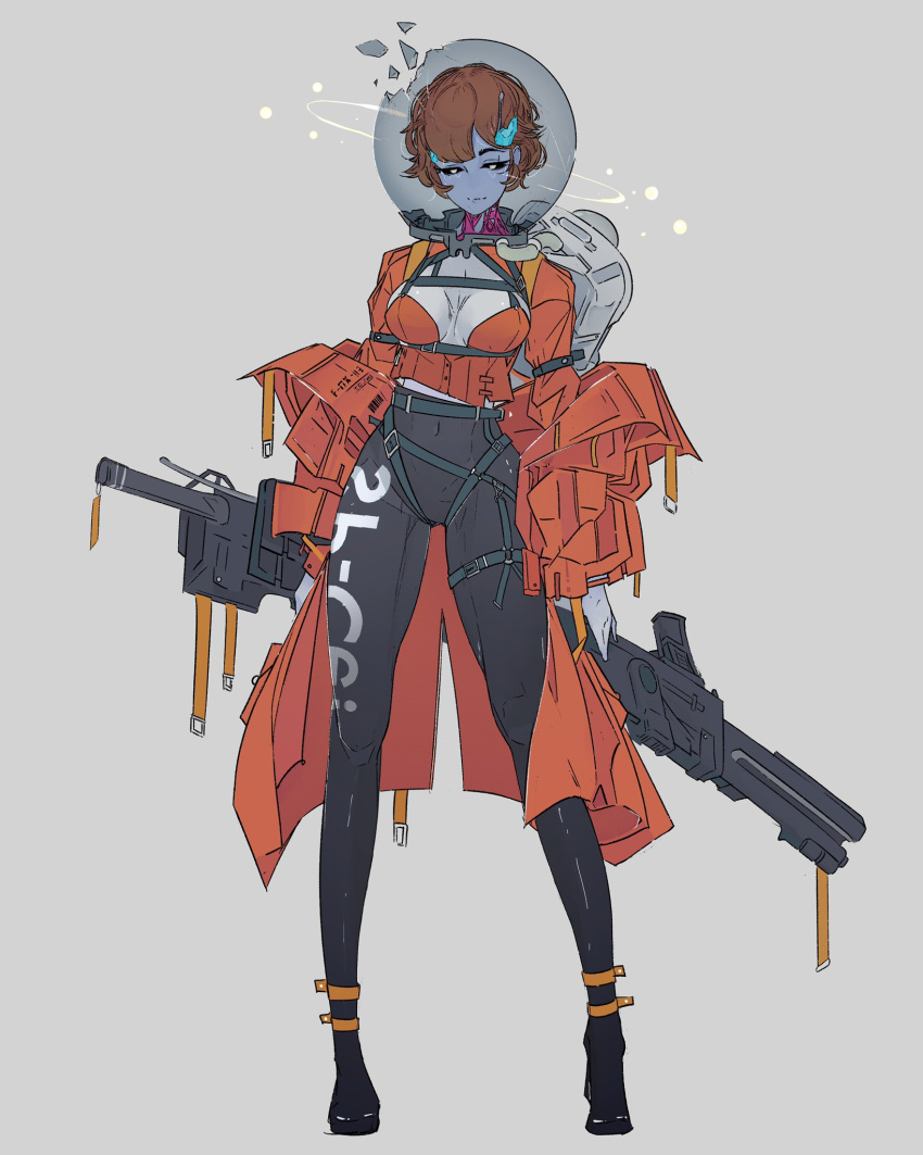 1girl, black_pants, breasts, breasts_apart, broken_helmet, colored_skin, covered_navel, elliemaplefox