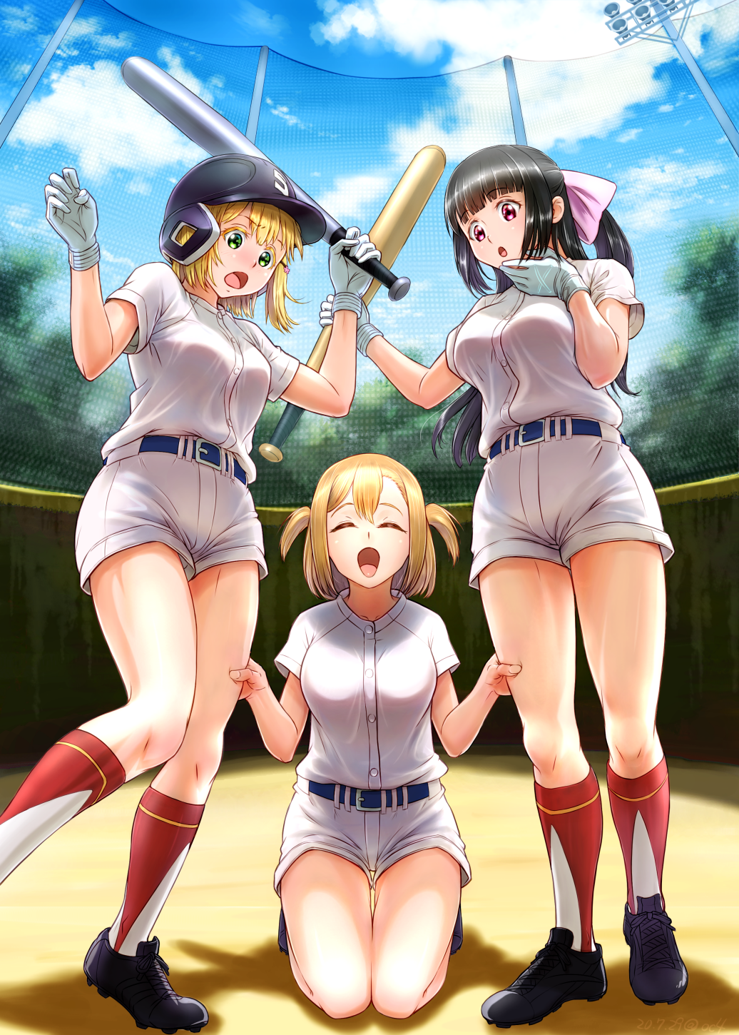 3girls, :d, :o, bangs, baseball_bat, baseball_helmet, black_footwear, black_hair