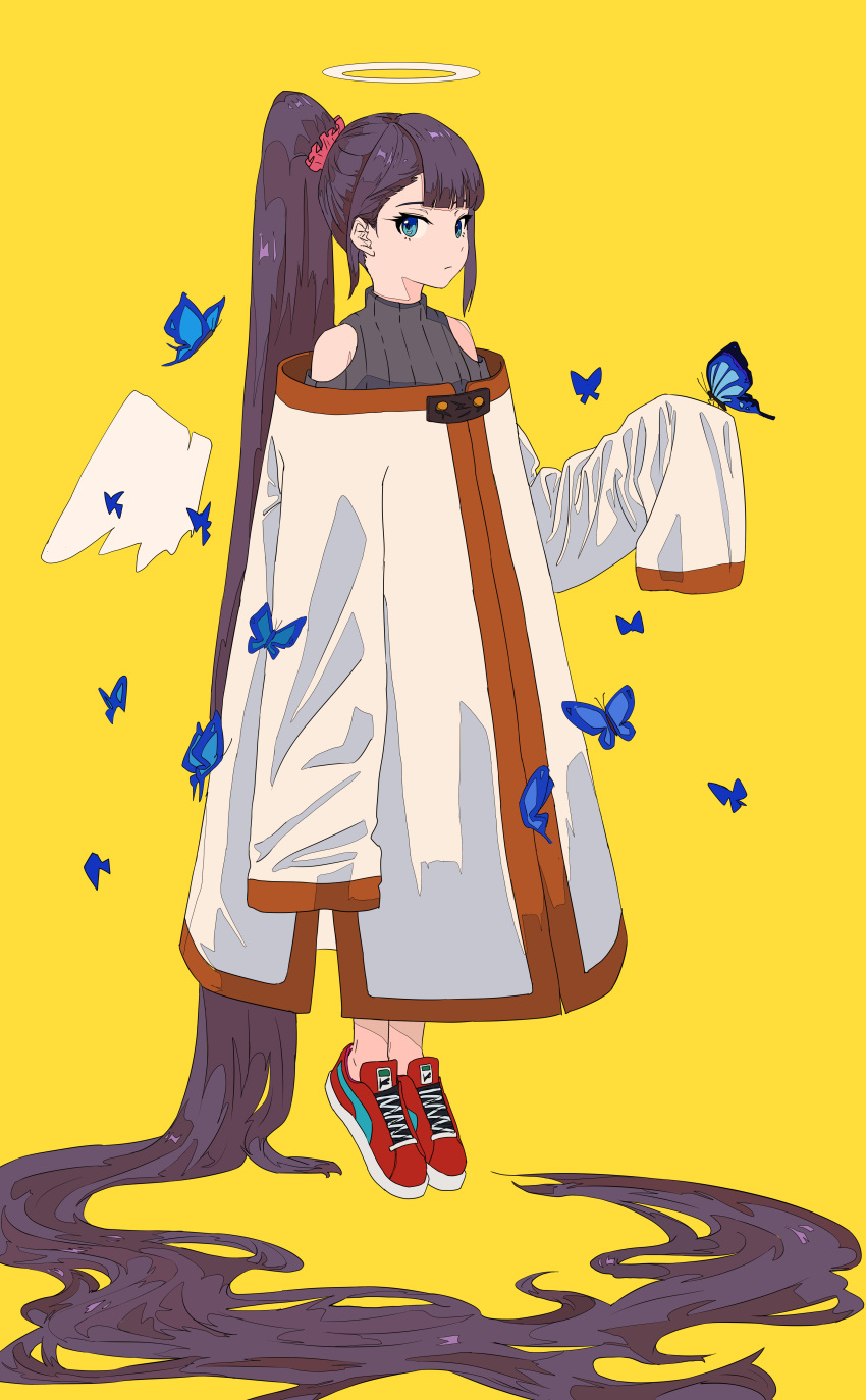 1girl, absurdly_long_hair, absurdres, angel_wings, blue_butterfly, blue_eyes, brown_hair, brown_sweater, bug, butterfly, closed_mouth, clothing_cutout, coat, floating, full_body, hair_ornament, hair_scrunchie, halo, hand_up, highres, insect, long_hair, looking_at_viewer, off-shoulder_coat, original, ponytail, red_footwear, ribbed_sweater, scrunchie, shoes, shoulder_cutout, simple_background, sleeves_past_fingers, sleeves_past_wrists, sneakers, solo, sweater, tiptoes, turtleneck, turtleneck_sweater, very_long_hair, white_coat, wings, yellow_background, yu_yin