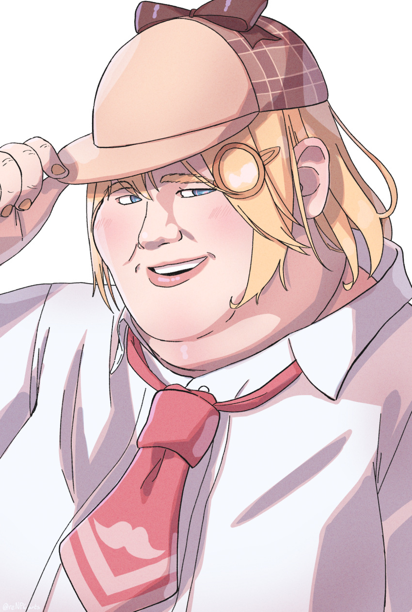 bangs, blonde_hair, blue_eyes, blush, brown_headwear, deerstalker, fat, fedora_guy_(meme)