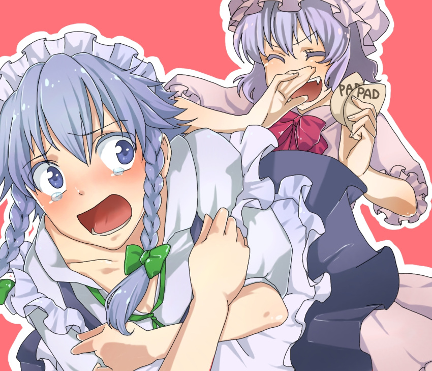 ao, bad_id, blue_eyes, blush, braid, breast_padding, covering, fangs