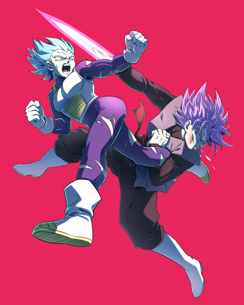 2boys, absurdres, anger_vein, armor, bodysuit, boots, clenched_hands, commentary_request, dragon_ball, dragon_ball_super, fighting, gloves, goku_black, highres, male_focus, multiple_boys, open_mouth, purple_hair, simple_background, sm318, spiky_hair, spitting, teeth, tongue, torn_bodysuit, torn_clothes, vegeta, white_footwear, white_gloves