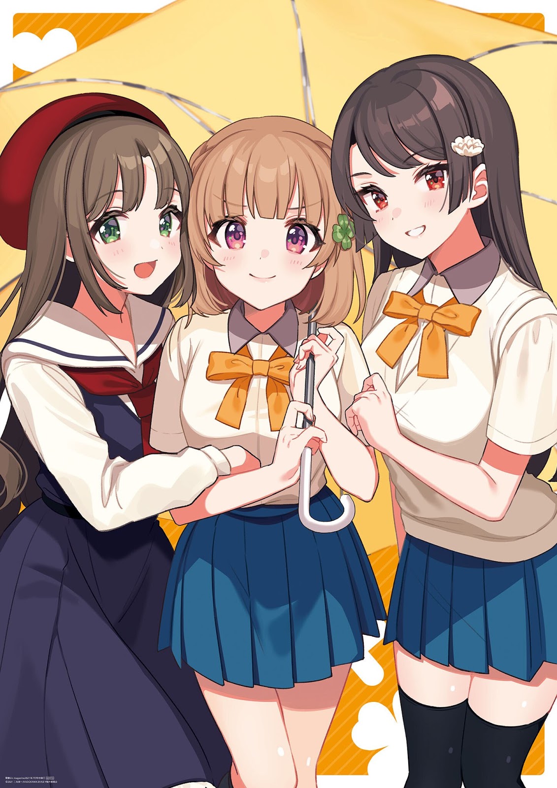 3girls, bangs, black_hair, black_legwear, blue_skirt, blush, bow, brown_hair