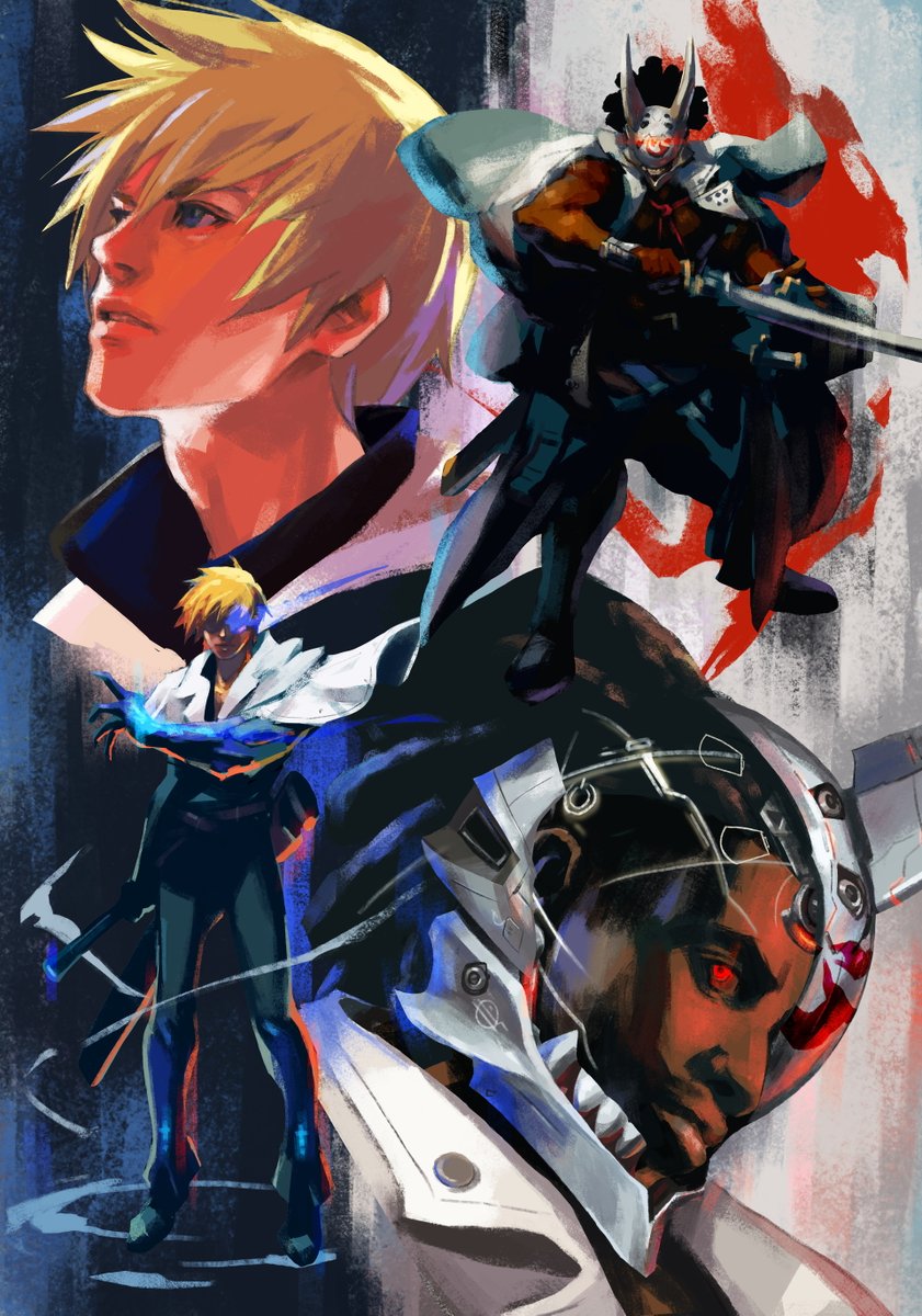 2boys, arm_out_of_sleeve, black_hair, blue_eyes, blush, collage, dark-skinned_male, dark_skin, english_commentary, glowing, glowing_eye, glowing_eyes, glowing_hand, guilty_gear, guilty_gear_strive, hairlocs, helmet, highres, horned_helmet, kanasaki_taisuke, ky_kiske, long_hair, male_focus, multiple_boys, muscular, muscular_male, nagoriyuki, official_art, red_eyes, samurai, second-party_source, short_hair, very_dark_skin, x-ray