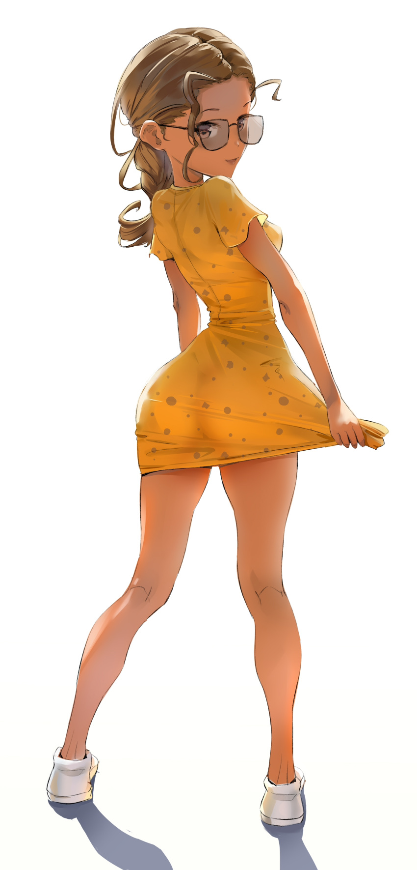 1girl, absurdres, ass, bare_legs, braid, braided_ponytail, breasts, brown_eyes