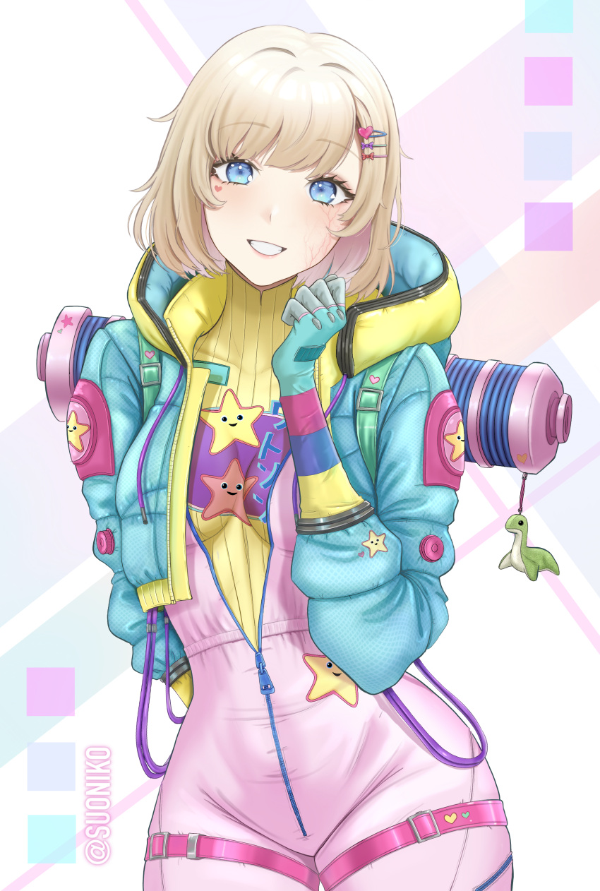 1girl, :d, absurdres, apex_legends, aqua_jacket, arm_behind_back, artist_name, bangs