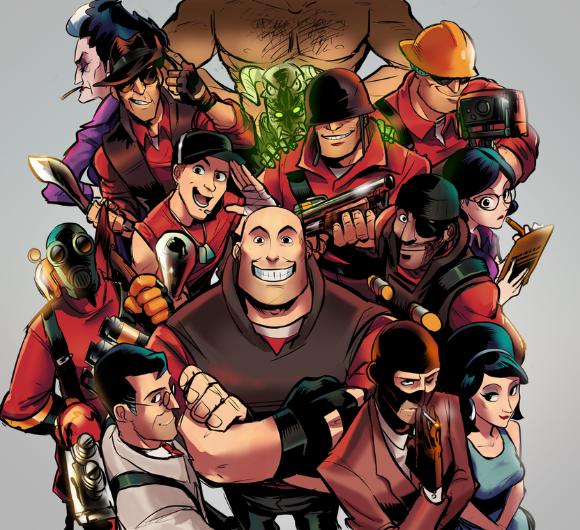 1other, 3girls, 6+boys, administrator_(tf2), ambiguous_gender, bald, baseball_bat, baseball_cap