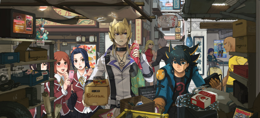 bakura_ryou, blonde_hair, brand_name_imitation, cellphone, china_dress, chinese_clothes, dark_magician_girl, fudou_yuusei