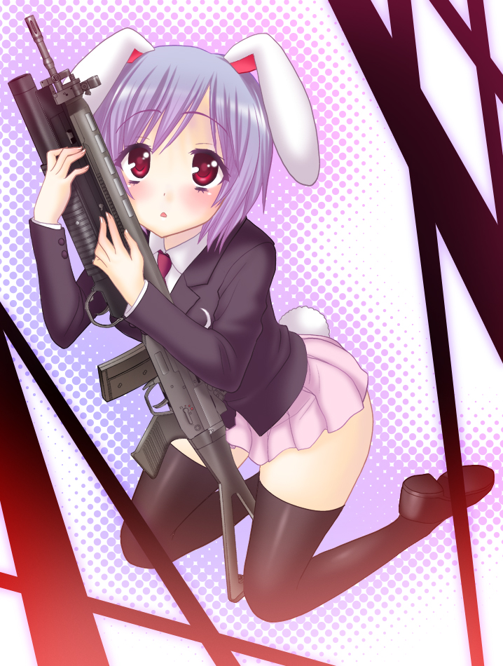 assault_rifle, black_legwear, bunny_ears, bunny_tail, grenade_launcher, gun, latex, purple_hair, rabbit_ears, red_eyes, reisen, reisen_udongein_inaba, rifle, saki_chisuzu, sakichi_suzu, shoes, short_hair, sig_550, sig_sg_550, solo, tail, thigh-highs, thighhighs, touhou, underbarrel_grenade_launcher, weapon