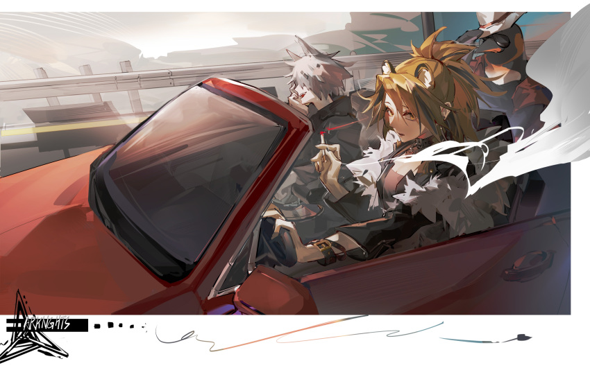 1boy, 2girls, absurdres, ambience_synesthesia, animal, animal_ears, arknights, bird, black_jacket, black_sweater, blonde_hair, bracelet, car, cigarette, collar, convertible, copyright_name, driving, extra_ears, fur-trimmed_jacket, fur_trim, ground_vehicle, hair_ornament, hairclip, haruka3721, highres, holding, holding_cigarette, hood, hood_down, jacket, jewelry, lappland_(ambience_synesthesia)_(arknights), lappland_(arknights), lion_ears, long_hair, motor_vehicle, multiple_girls, official_alternate_costume, open_mouth, penguin, ponytail, short_hair, siege_(ambience_synesthesia)_(arknights), siege_(arknights), sitting, sunglasses, sweater, the_emperor_(arknights), white_hair, white_headwear, wolf_ears, yellow_eyes