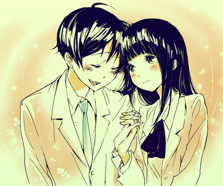 ahoge, azuki_miho, bakuman, black_eyes, black_hair, blush, couple, formal